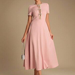 Pink Elegant Women's Short-Sleeved Dress with Pearls